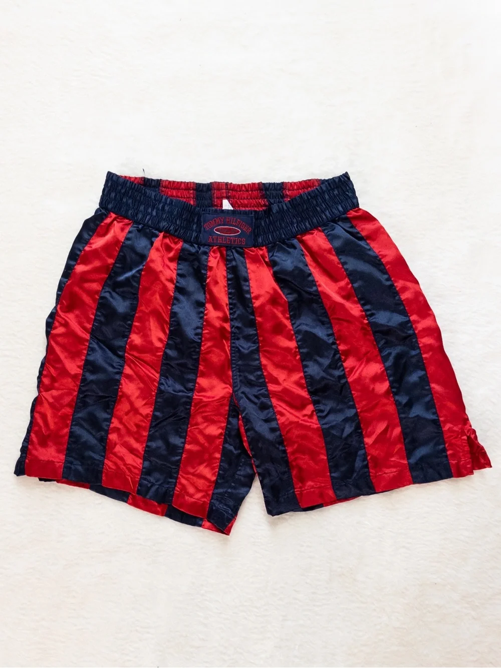 Vintage Tommy Hilfiger Athletics Satin Boxing Shorts Red Navy Striped Size L